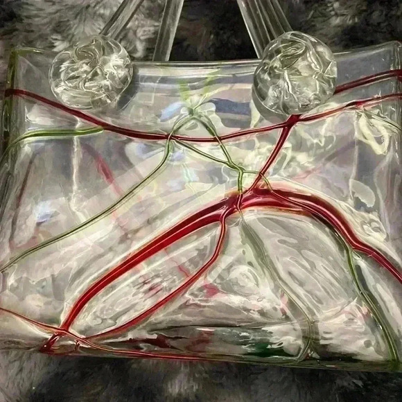 Romantic Red and Green on Clear Swirl  Art Glass Vase Handbag Purse - Picture 13 of 13